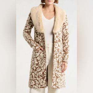 NWT Happily Grey Tan Floral Cardigan Duster Sweater with Faux Fur Trim sz L